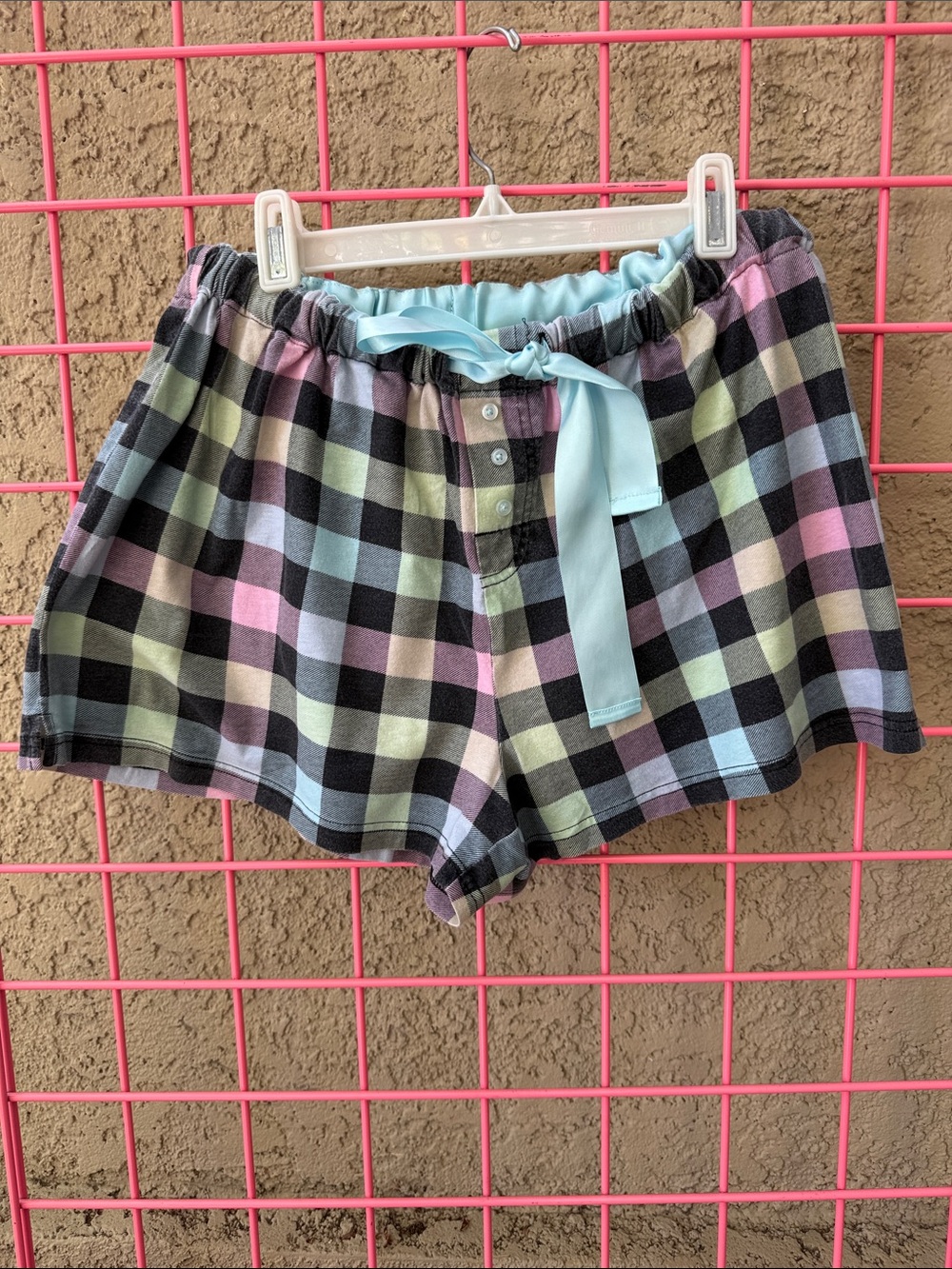 French Dressing Pastel Plaid Cotton Lounge Shorts with Light Blue Ribbon